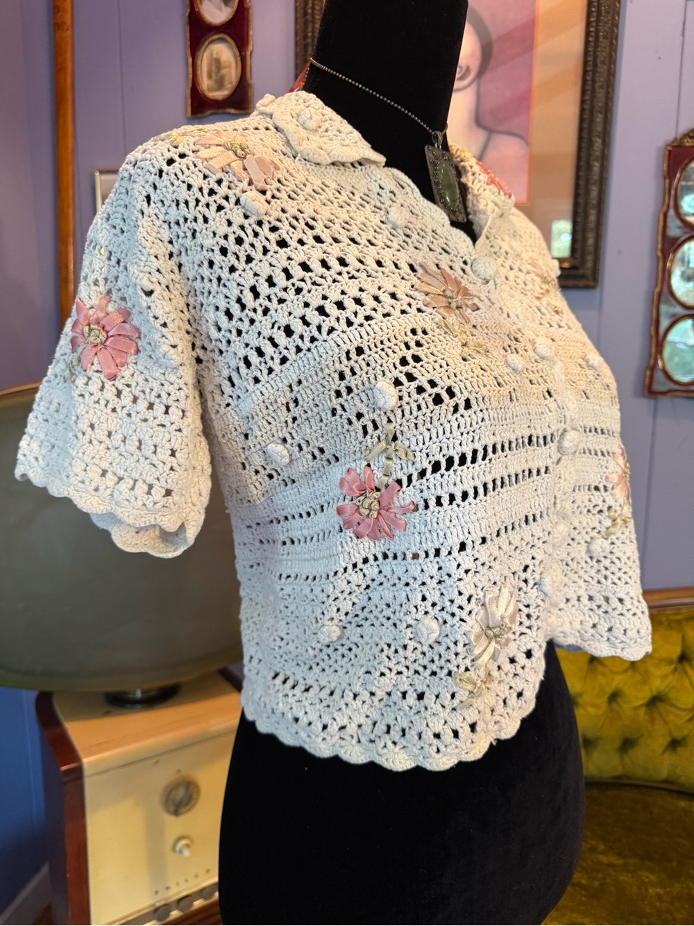 Vintage 90s Worthington Short Sleeve Cottagecore Grandmacore Crochet Sweater
